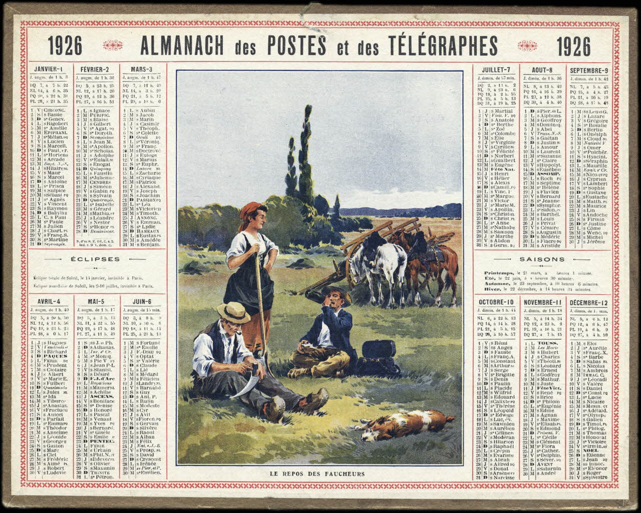 calendrier ALMANACH des POSTES et des TELEGRAPHES  1926  LE REPOS DES FAUCHEURS 1926 1993.2.435 Photo