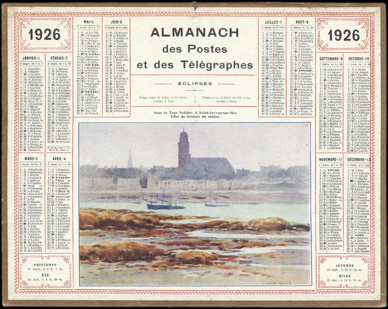 Roger L. calendrier 1926  ALMANACH  des Postes  et des Télégraphes  Sous la Tour Solidor, à Saint-Servan-sur-Mer.  Effet de brumes du matin 1926 1993.2.436 Photo