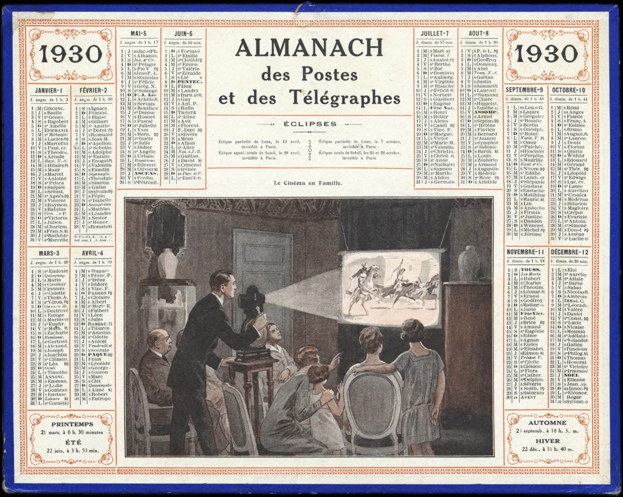 Beuzon Jean Louis ; François, Charles Oberthür calendrier 1930  ALMANACH  des Postes  et des Télégraphes  Le Cinéma en Famille. Rennes 1930 1993.2.451 Photo