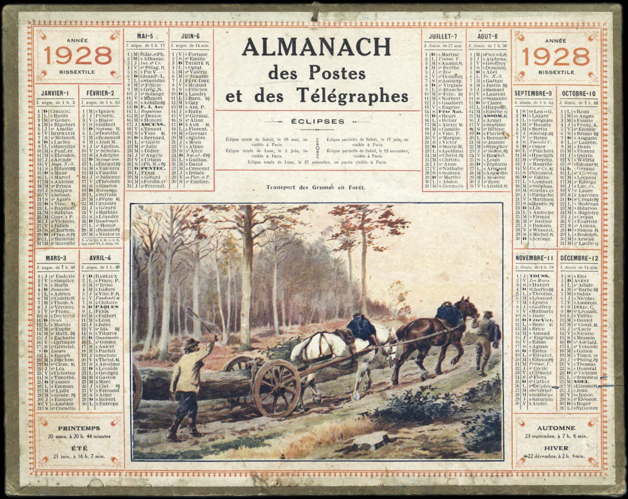 calendrier 1928  ALMANACH  des Postes  et des Télégraphes  Transport des Grumes en Forêt. 1928 1993.2.442 Photo