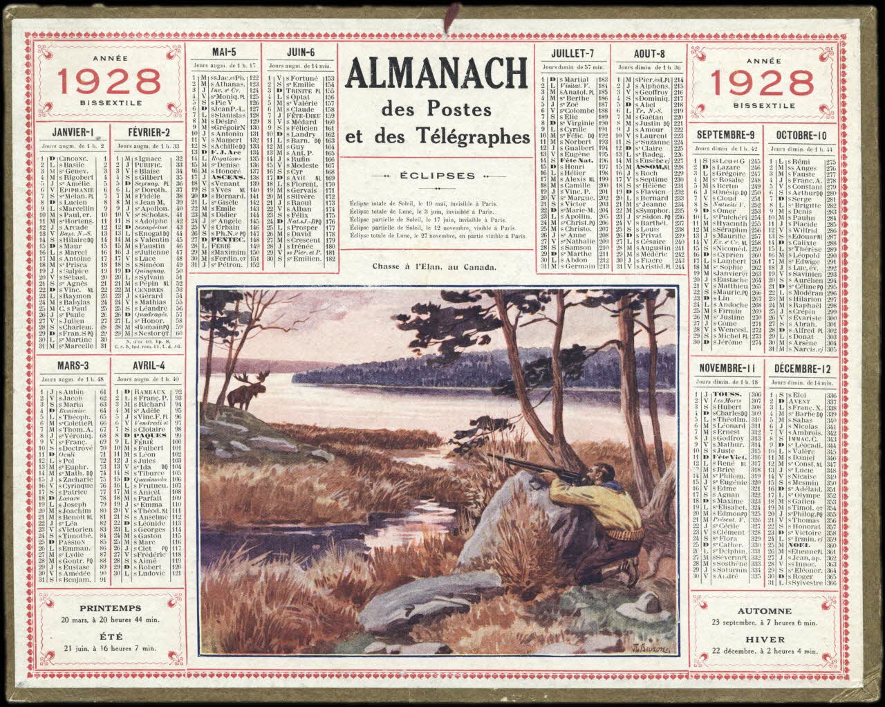 Beuzon Jean Louis calendrier 1928  ALMANACH  des Postes  et des Télégraphes  Chasse à l'Elan, au Canada. 1928 1993.2.443 Photo