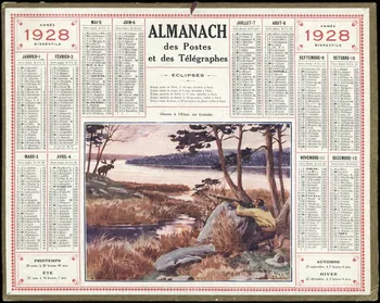 Beuzon Jean Louis calendrier 1928  ALMANACH  des Postes  et des Télégraphes  Chasse à l'Elan, au Canada. 1928 1993.2.443  Photo