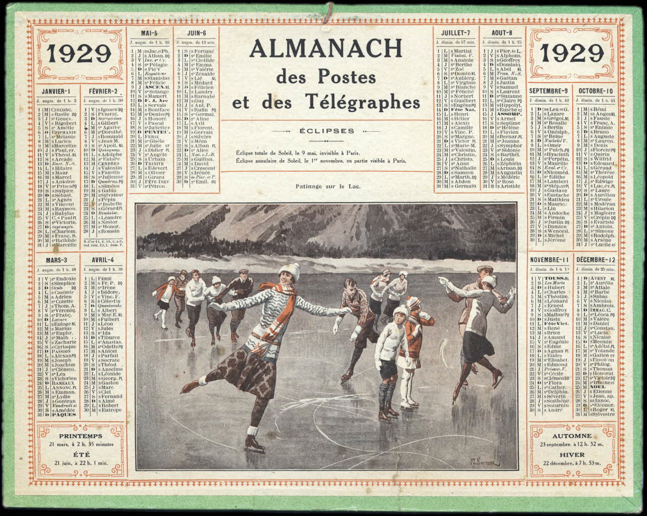 Beuzon Jean Louis calendrier 1929  ALMANACH  des Postes  et des Télégraphes  Patinage sur le Lac. 1929 1993.2.444 Photo
