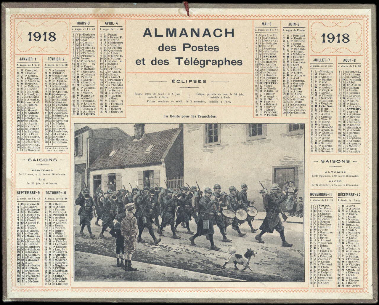 calendrier 1918  ALMANACH  des Postes  et des Télégraphes  En Route pour les Tranchées. 1918 1993.2.415 Photo