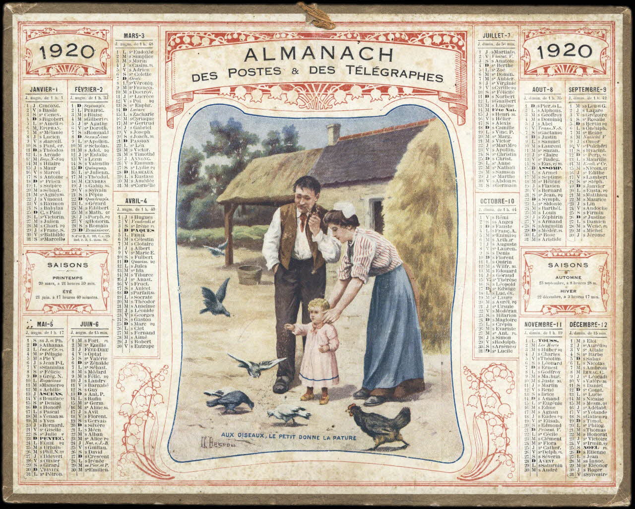 Besnou O. calendrier 1920  ALMANACH  DES POSTES & DES TELEGRAPHES  AUX OISEAUX, LE PETIT DONNE LA PATURE 1920 1993.2.420 Photo