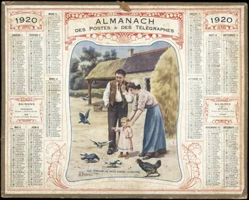 Besnou O. calendrier 1920  ALMANACH  DES POSTES & DES TELEGRAPHES  AUX OISEAUX, LE PETIT DONNE LA PATURE 1920 1993.2.420 Photo