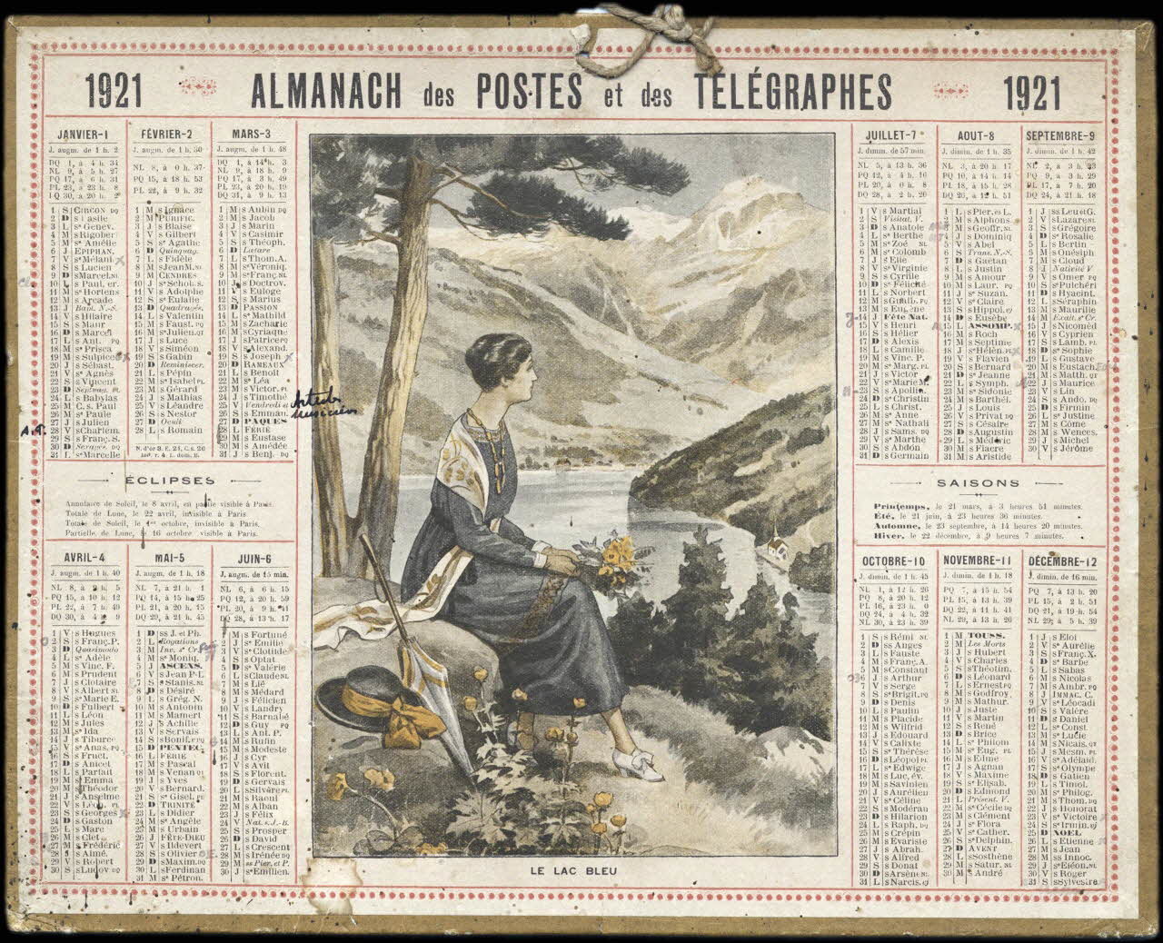 calendrier 1921 - ALMANACH des POSTES et des TELEGRAPHES - 1921  LE LAC BLEU 1921 1993.2.422 Photo