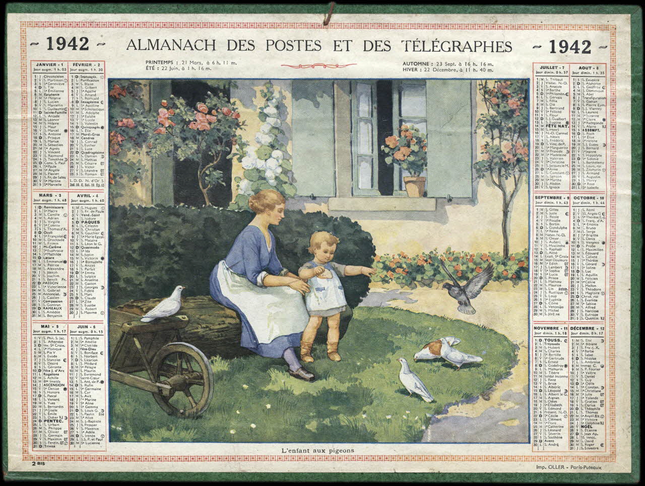 Calendriers Oller calendrier ALMANACH DES POSTES ET DES TELEGRAPHES  1942  L'enfant aux pigeons 1942 1993.2.497 Photo