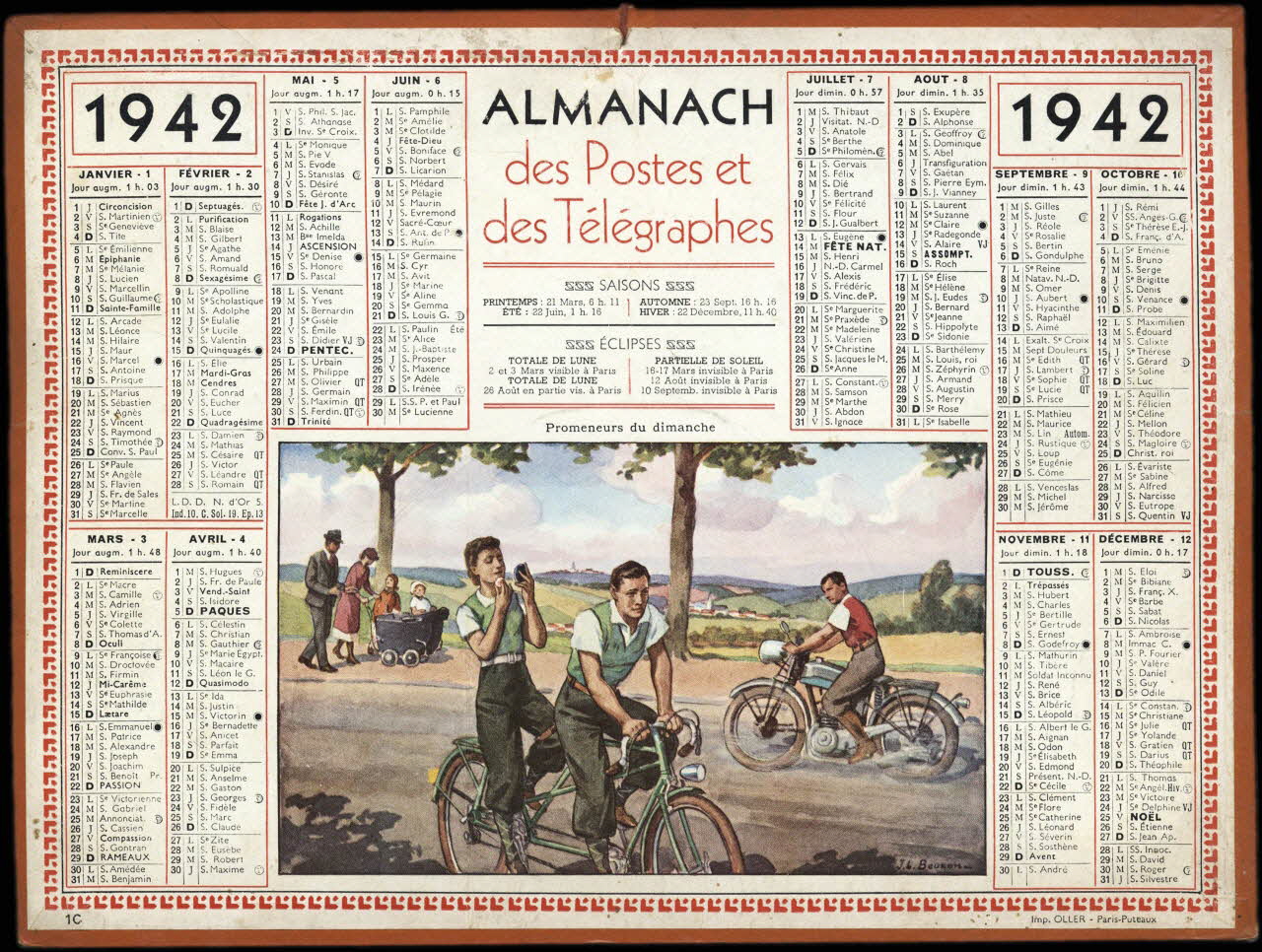 Beuzon Jean Louis ; Calendriers Oller calendrier 1942  ALMANACH  des Postes et des Télégraphes  Promeneurs du dimanche Paris 1942 1993.2.498 Photo