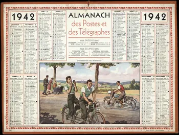 Beuzon Jean Louis ; Calendriers Oller calendrier 1942  ALMANACH  des Postes et des Télégraphes  Promeneurs du dimanche Paris 1942 1993.2.498  Photo