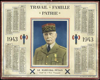 François, Charles Oberthür calendrier 1943  TRAVAIL  FAMILLE  PATRIE  LE MARECHAL PETAIN  Chef de l'Etat Français. 1943 1993.2.503 Photo
