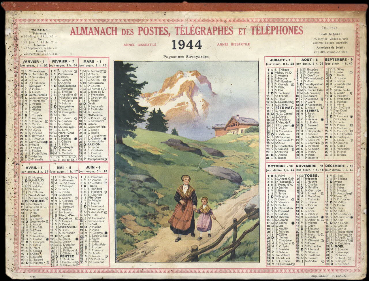 Calendriers Oller calendrier ALMANACH DES POSTES, TELEGRAPHES ET TELEPHONES  1944  Paysannes Savoyardes Puteaux 1944 1993.2.504 Photo