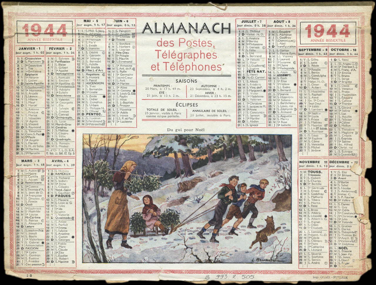 Calendriers Oller calendrier ALMANACH  des Postes,  Télégraphes  et Téléphones  1944  Du gui pour Noël 1944 1993.2.505 Photo