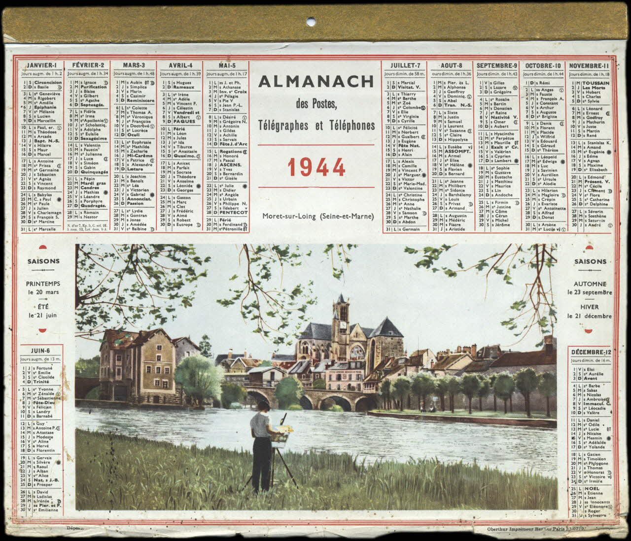 François, Charles Oberthür calendrier ALMANACH des Postes, Télégraphes et Téléphones  1944  Moret-sur Loing (Seine-et-Marne) Rennes 1944 1993.2.506 Photo
