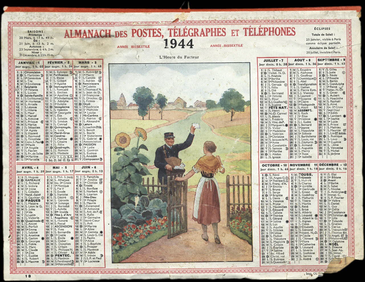 Calendriers Oller calendrier ALMANACH DES POSTES, TELEGRAPHES ET TELEPHONES  1944  L'Heure du Facteur Paris 1944 1993.2.507 Photo