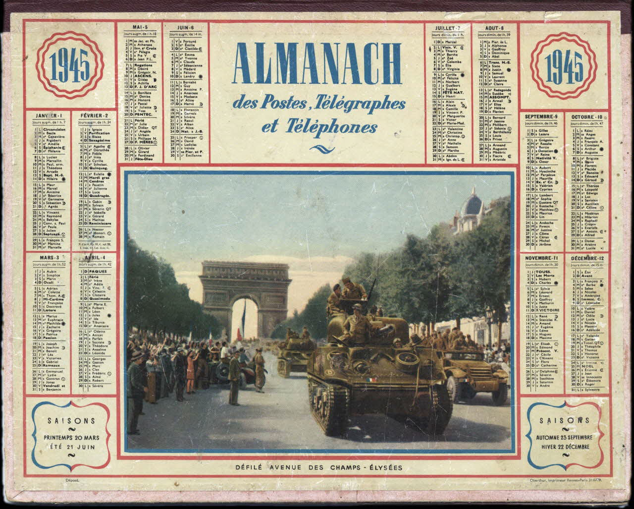 François, Charles Oberthür calendrier 1945  ALMANACH  des Postes, Télégraphes  et Téléphones  DEFILE AVENUE DES CHAMPS-ELYSEES 1945 1993.2.508 Photo