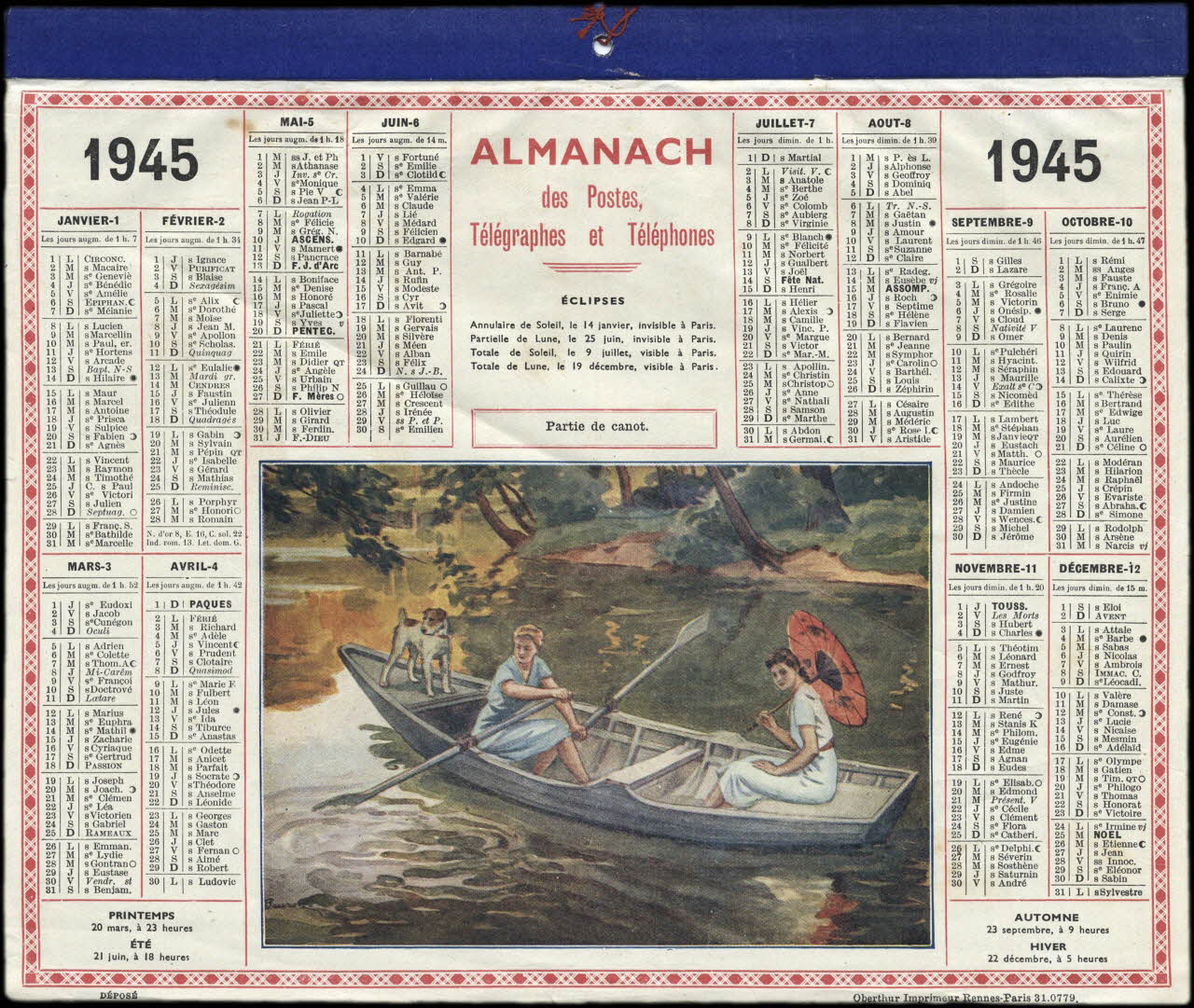 Beuzon Jean Louis ; François, Charles Oberthür calendrier 1945  ALMANACH  des Postes,  Télégraphes et Téléphones  Partie de canot. Rennes 1945 1993.2.509 Photo