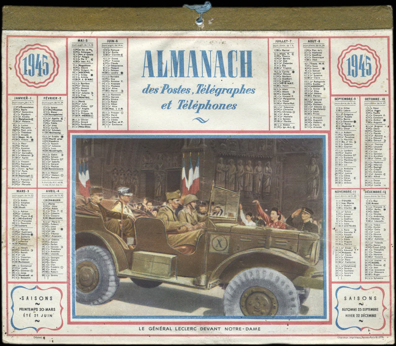 François, Charles Oberthür calendrier 1945  ALMANACH  des Postes, Télégraphes  et Téléphones  LE GENERAL LECLERC DEVANT NOTRE-DAME 1945 1993.2.510 Photo
