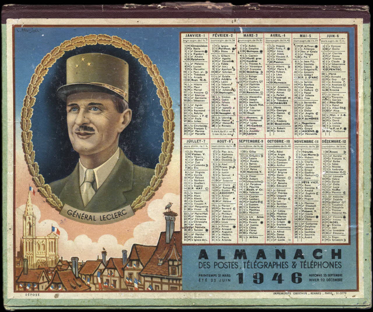 François, Charles Oberthür calendrier ALMANACH  DES POSTES, DES TELEGRAPHES & TELEPHONES  1946  GENERAL LECLERC 1946 1993.2.512 Photo
