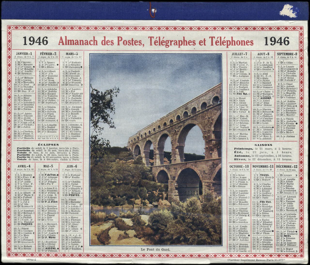 François, Charles Oberthür calendrier 1946 Almanach des Postes, Télégraphes et Téléphones 1946  Le Pont du Gard. Rennes 1946 1993.2.513 Photo