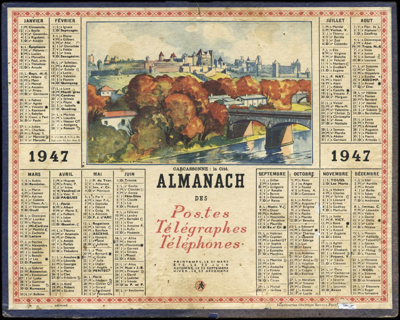 Prolost ; François, Charles Oberthür calendrier 1947  ALMANACH  DES  Postes  Télégraphes  Téléphones  CARCASSONNE : la Cité. Rennes 1947 1993.2.514 Photo