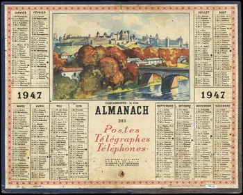 Prolost ; François, Charles Oberthür calendrier 1947  ALMANACH  DES  Postes  Télégraphes  Téléphones  CARCASSONNE : la Cité. Rennes 1947 1993.2.514 Photo