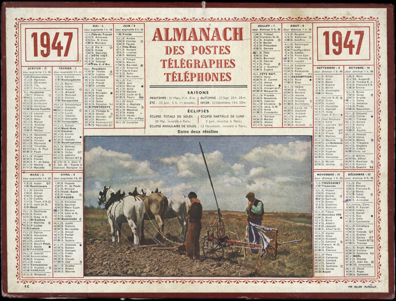 Calendriers Oller calendrier 1947  ALMANACH  DES POSTES  TELEGRAPHES  TELEPHONES  Entre deux récoltes Puteaux 1947 1993.2.516 Photo