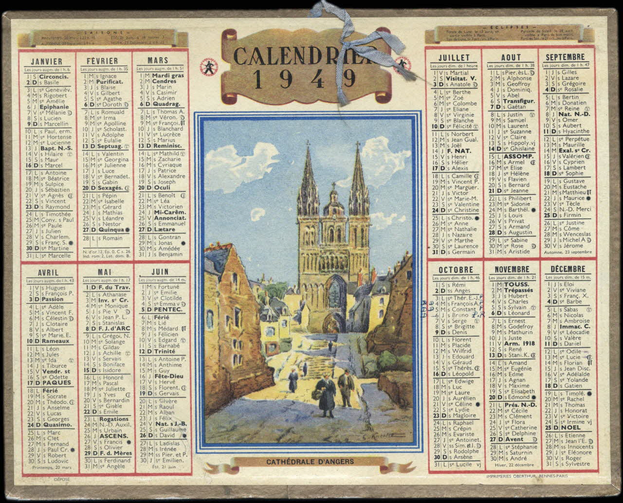 François, Charles Oberthür calendrier CALENDRIER  1949  CATHEDRALE D'ANGERS Rennes 1949 1993.2.521 Photo