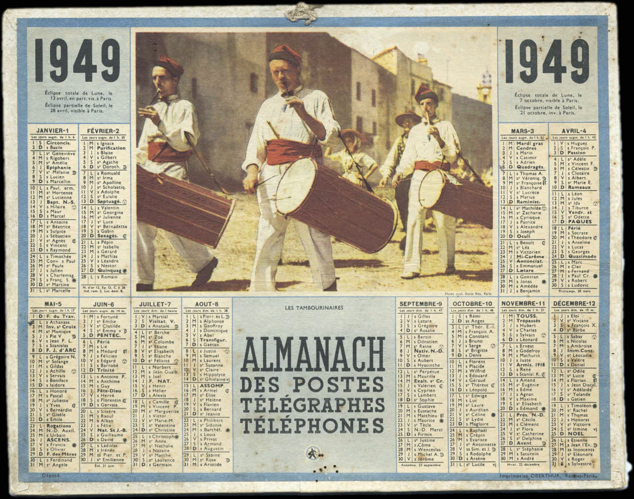 François, Charles Oberthür calendrier 1949  ALMANACH  DES POSTES  TELEGRAPHES  TELEPHONES  LES TAMBOURINAIRES Rennes 1949 1993.2.522 Photo
