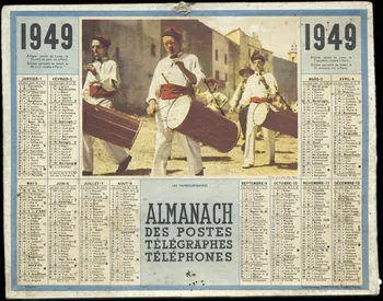 François, Charles Oberthür calendrier 1949  ALMANACH  DES POSTES  TELEGRAPHES  TELEPHONES  LES TAMBOURINAIRES Rennes 1949 1993.2.522 Photo