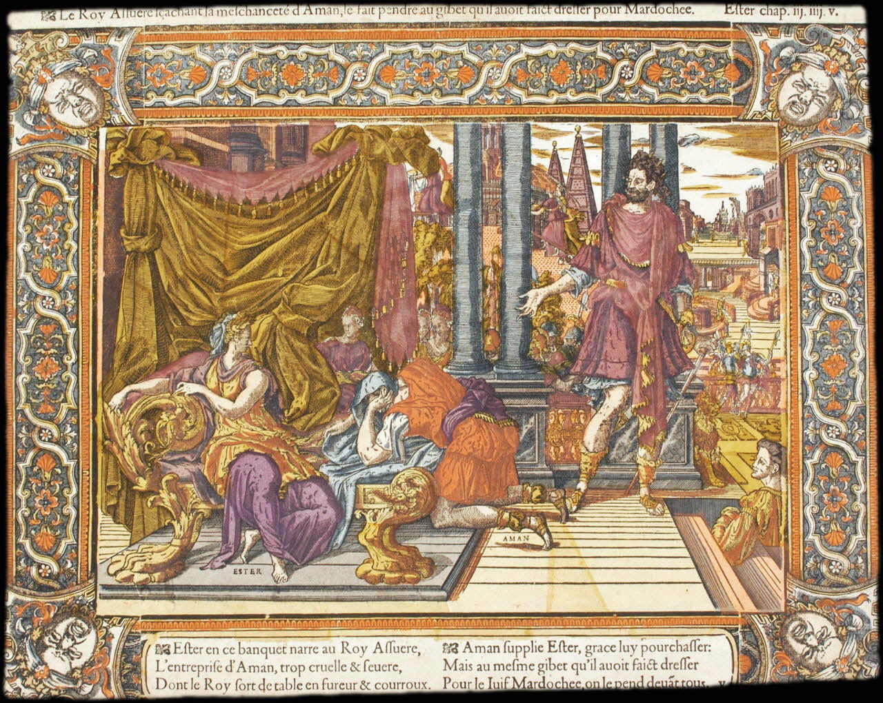 Caron Antoine ; Denis de Mathoniere imagerie ancienne Le Roy Assuere sçachant la meschanceté d'Amamn, le fait pendre au gibet qu'il avoit faict dresser pour Mardochee. Ester chap. iij.iiij.v. Paris 1582-1596 2004.38.9 Photo