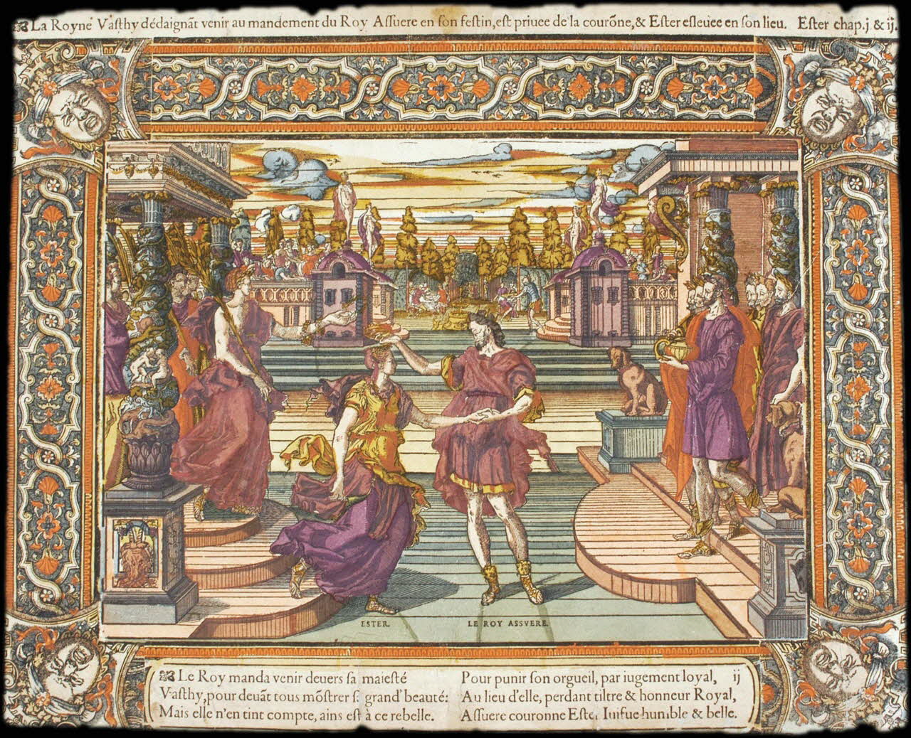 Caron Antoine ; Denis de Mathoniere imagerie ancienne La Royne Vasthy dédaignat venir au mandement du Roy Assuere en son festin, est privee de la courone, & Ester esleuée en son lieu. Paris 1582-1596 2004.38.6 Photo