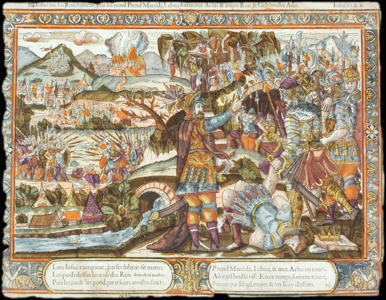 Roland Guérard imagerie ancienne Iosué tue les Rois vaincus, puis les pend. Prend Macéda, Lebna, surmonte Achis & autres Rois, & faict brusler Asor. Isué 19. & II. Paris 1550-1599 2004.38.3 Photo