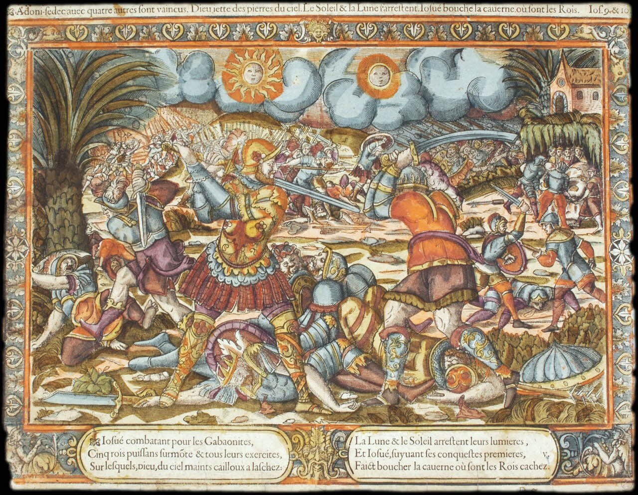 Roland Guérard imagerie ancienne Adoni-sedec avec quatre autres sont vaincus. Dieu jette des pierres du ciel. Le Soleil & la Lune s'arrestent. Iosué bouche la caverne où sont les Rois. Ios. 9 & 10. France 1550-1599 2004.38.2 Photo