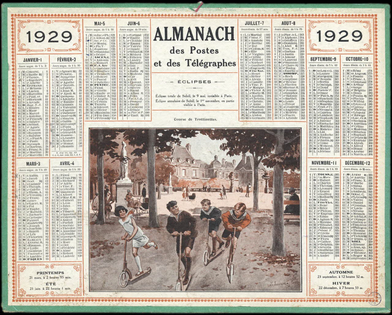 Beuzon Jean Louis calendrier 1929  ALMANACH  des Postes  et des Télégraphes  Course de Trottinettes. 1929 1993.2.528 Photo