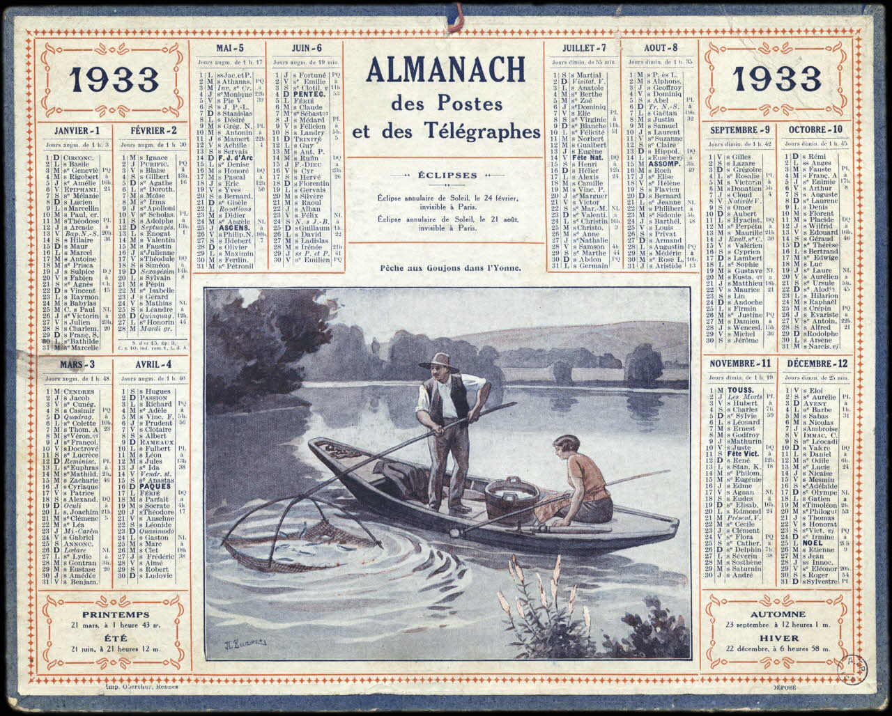 Beuzon Jean Louis ; François, Charles Oberthür calendrier 1933  ALMANACH  des Postes  et des Télégraphes  Pêche aux Goujons dans l'Yonne Rennes 1926 1993.2.529 Photo