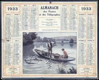 Beuzon Jean Louis ; François, Charles Oberthür calendrier 1933  ALMANACH  des Postes  et des Télégraphes  Pêche aux Goujons dans l'Yonne Rennes 1926 1993.2.529  Photo