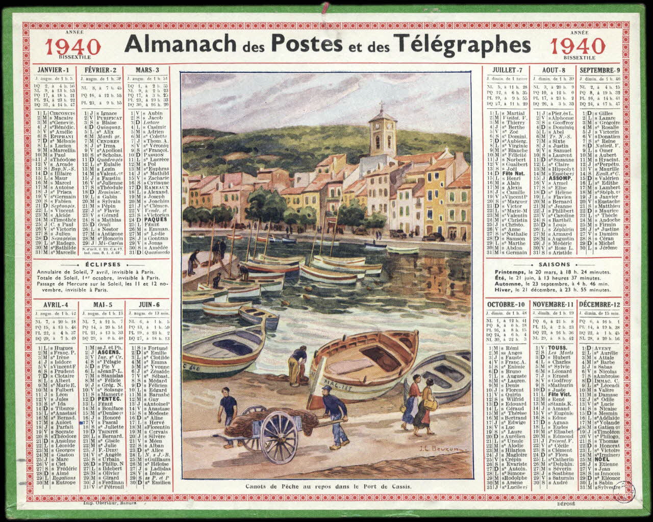 Beuzon Jean Louis ; François, Charles Oberthür calendrier Almanach des Postes et des Télégraphes  Canots de Pêche au repos dans le Port de Cassis Rennes 1940 1993.2.530 Photo