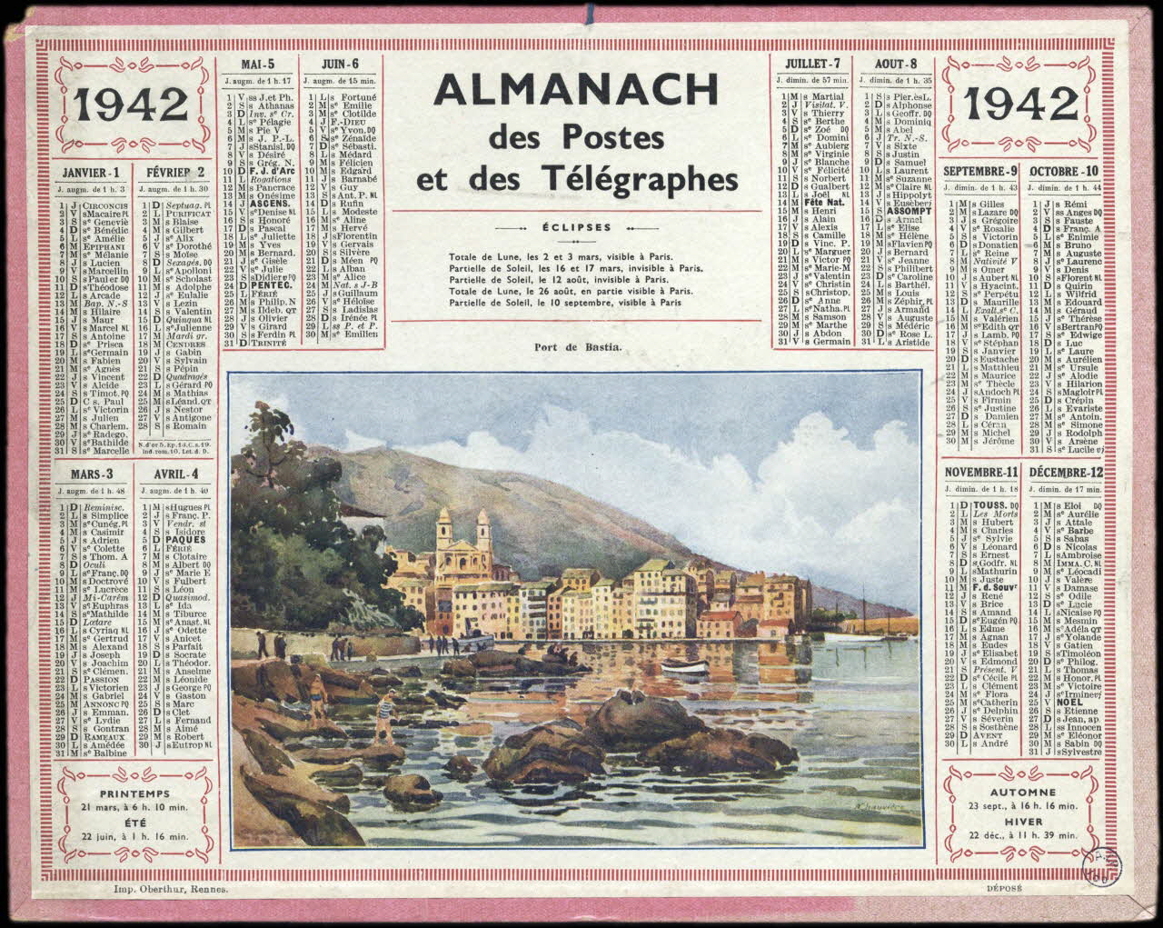 Chauvière A. ; François, Charles Oberthür calendrier 1942  ALMANACH  des Postes  et des Télégraphes  Port de Bastia. Rennes 1942 1993.2.531 Photo