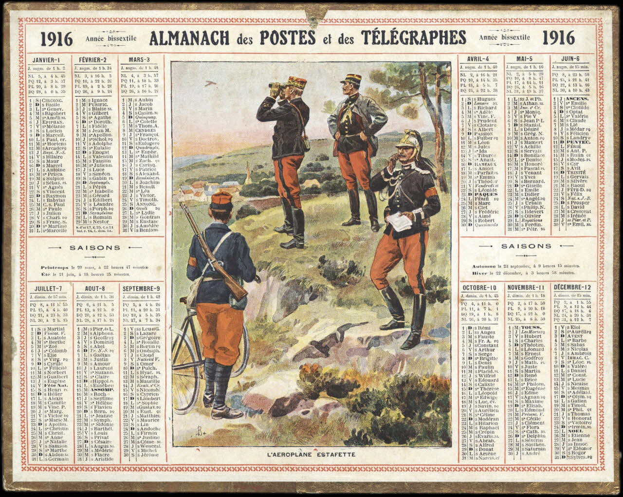 calendrier 1916  ALMANACH des POSTES et des TELEGRAPHES  L'AEROPLANE ESTAFETTE 1916 1993.2.405 Photo