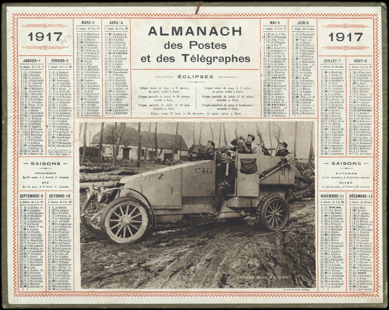 calendrier 1917  ALMANACH  des Postes  et des Télégraphes  CHASSE AUX AVIONS 1917 1993.2.406 Photo
