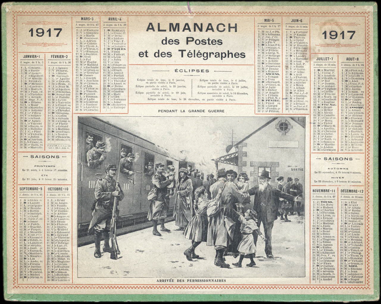 calendrier 1917  ALMANACH  des Postes  et des Télégraphes  PENDANT LA GRANDE GUERRE  ARRIVEE DES PERMISSIONNAIRES 1917 1993.2.407 Photo