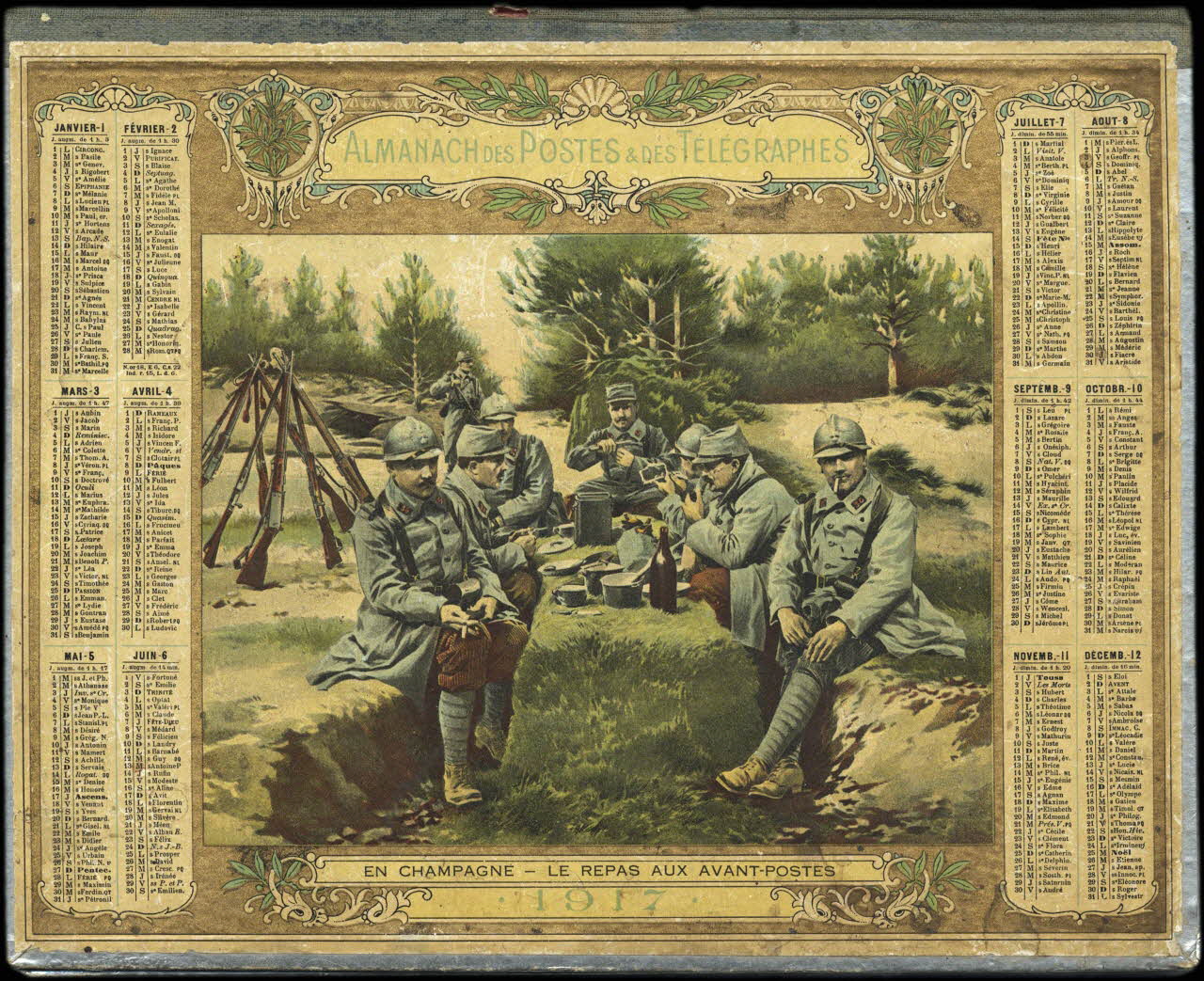calendrier ALMANACH DES POSTES & DES TELEGRAPHES  EN CHAMPAGNE - LE REPAS AUX AVANT-POSTES  1917 1917 1993.2.409 Photo