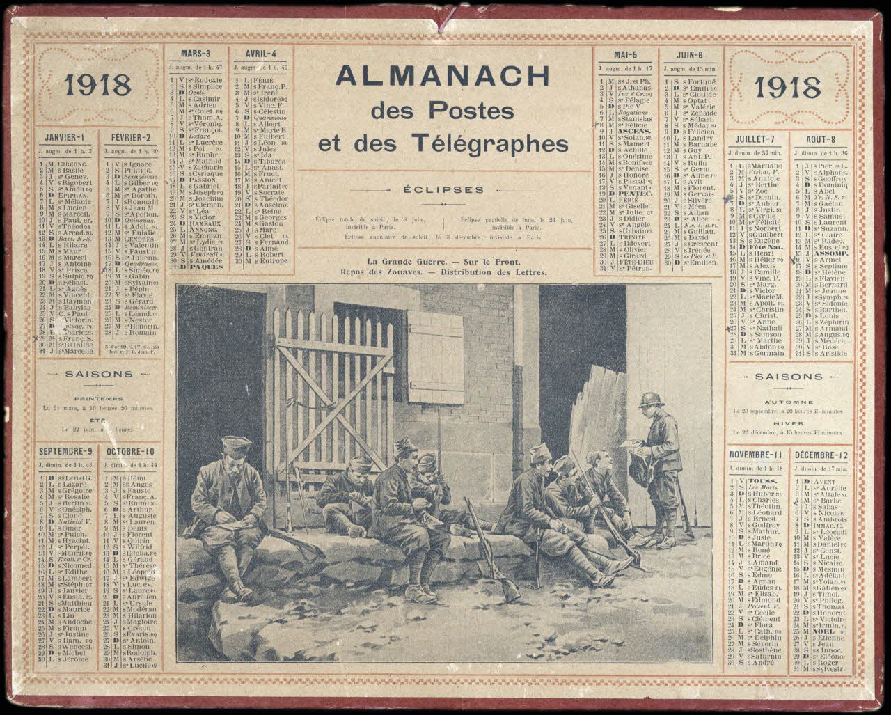 calendrier 1918  ALMANACH  des Postes  et des Télégraphes  La Grande Guerre. - Sur le Front.  Repos des Zouaves. - Distribution des Lettres. 1918 1993.2.411 Photo