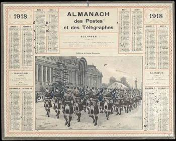 calendrier 1918  ALMANACH  des Postes et des Télégraphes  Défilé de la Garde Ecossaise. 1918 1993.2.412 Photo