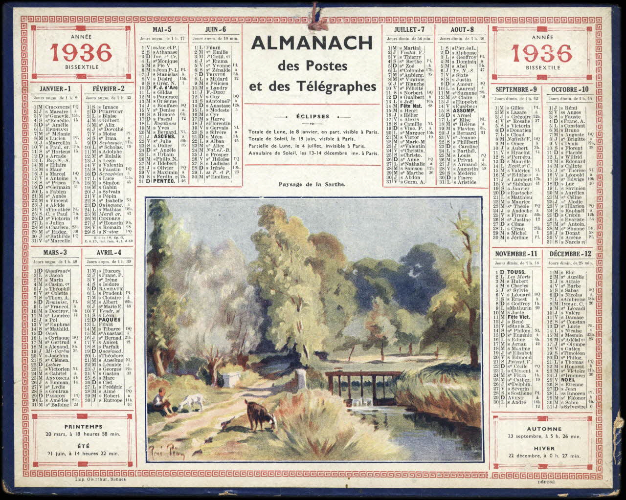 Péan René ; François, Charles Oberthür calendrier 1936  ALMANACH  des Postes  et des Télégraphes  Paysage de la Sarthe. Rennes 1936 1993.2.475 Photo