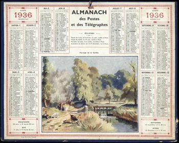 Péan René ; François, Charles Oberthür calendrier 1936  ALMANACH  des Postes  et des Télégraphes  Paysage de la Sarthe. Rennes 1936 1993.2.475  Photo