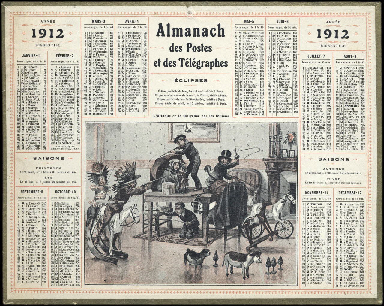 calendrier 1912  Almanach  des Postes  et des Télégraphes  L'Attaque de la Diligence par les Indiens 1912 1993.2.390 Photo