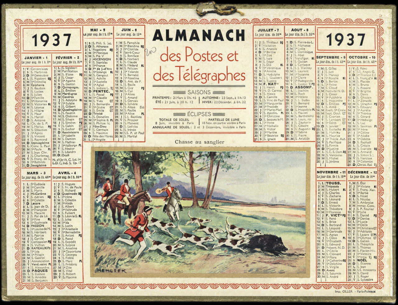 Nemecek ; Calendriers Oller calendrier 1937  ALMANACH  des Postes et  des Télégraphes  Chasse au sanglier Paris 1937 1993.2.476 Photo