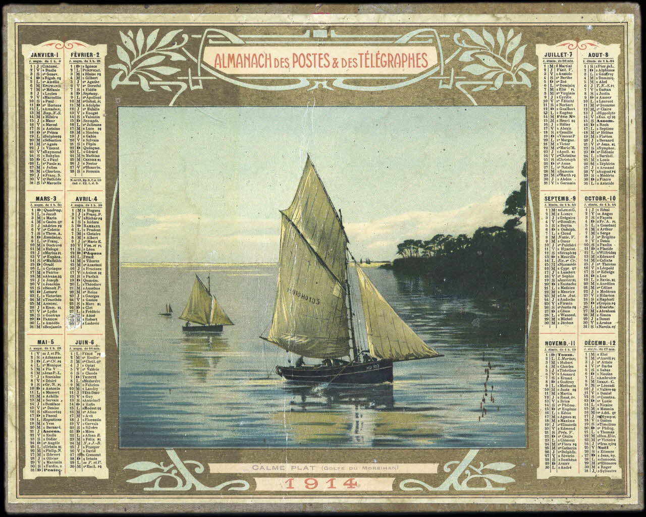 calendrier ALMANACH DES POSTES & DES TELEGRAPHES  CALME PLAT (Golfe du Morbihan)  1914 1914 1993.2.398 Photo